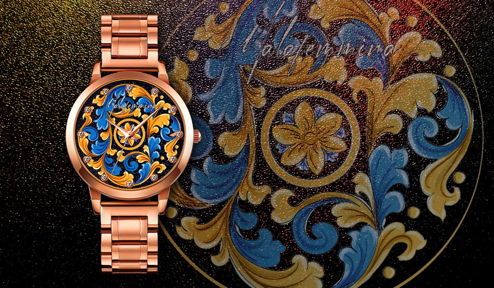 Malafemmina-orologio-maiolica-gialla-e-blu-con-cinturino-rosa-gold-collezione-Taormina