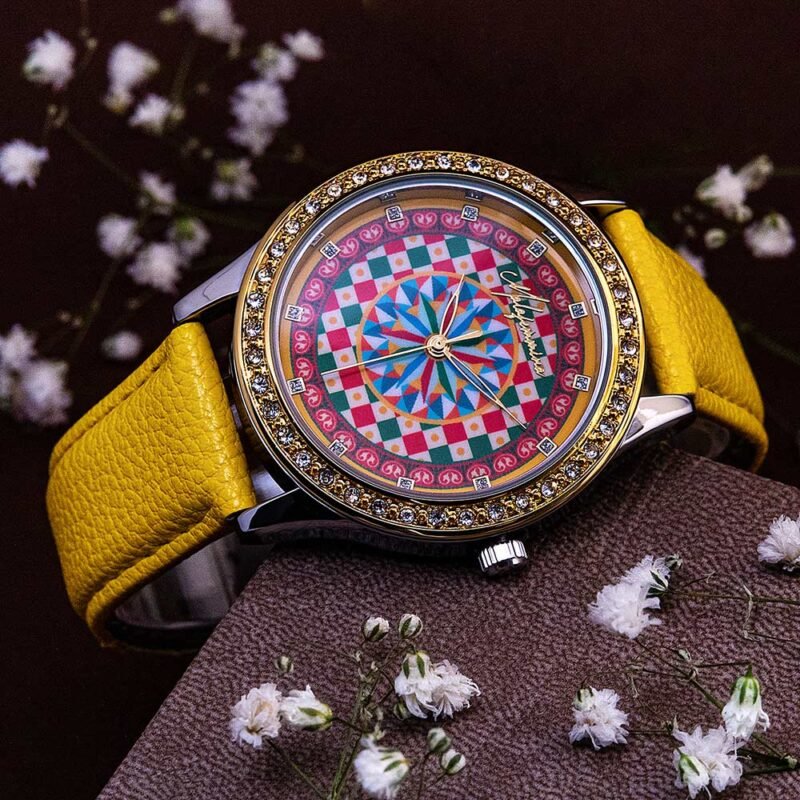 Orologio-rota-damuri-stile-siciliano-cinturino-giallo